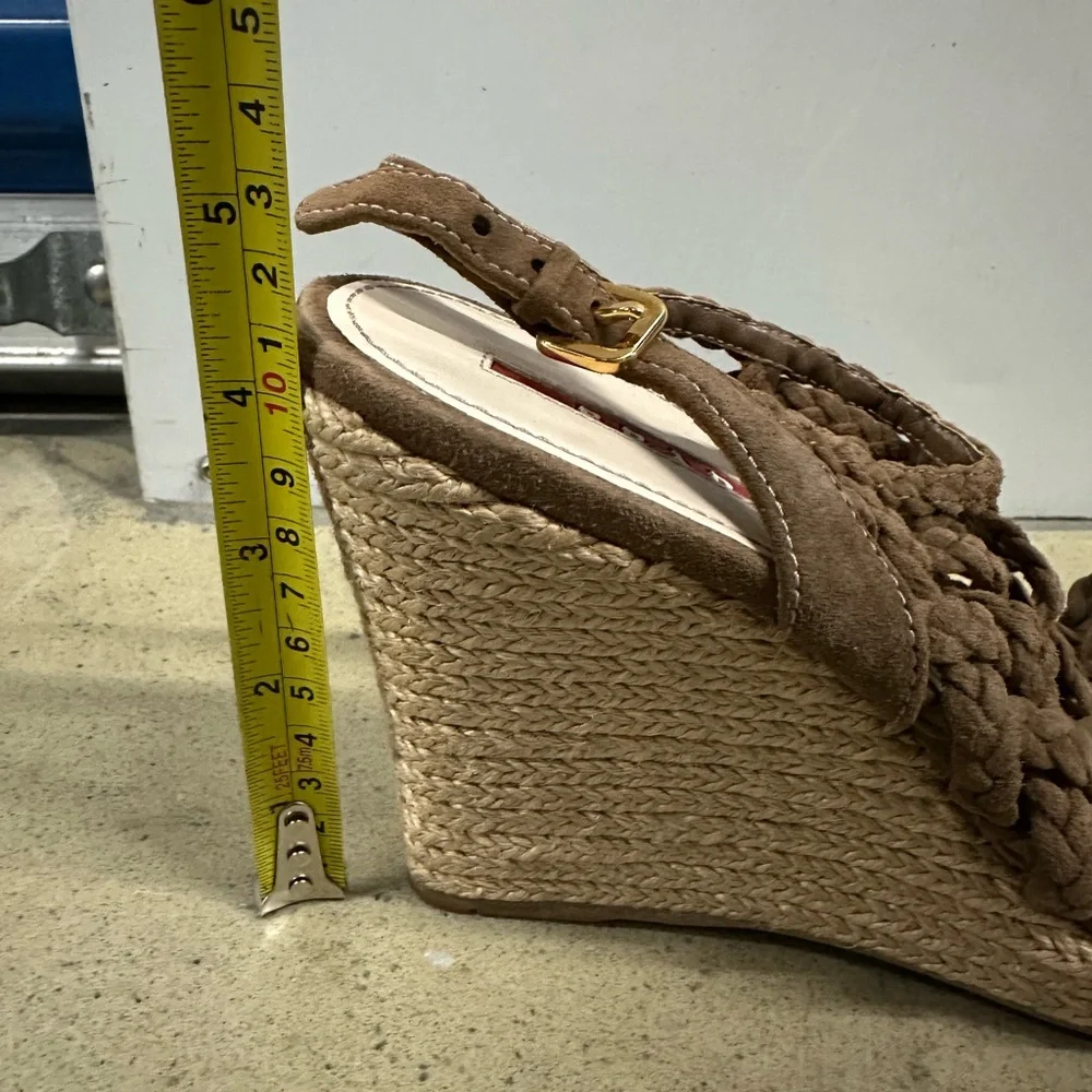 Prada wedges braised‎ rope 100% leather suede beige tan woven Sandal size 9.5